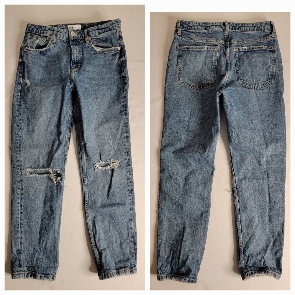 Zara Jeans Sz 8 Slim Straight Distressed Rigid High Rise